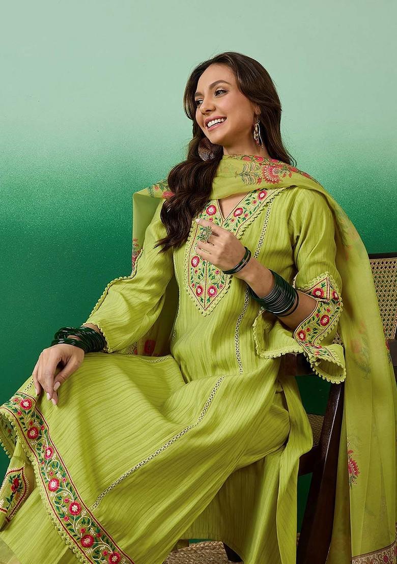Lime Green Embroidered Blended Kurta Set - Indya