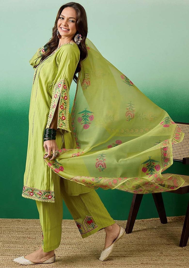 Lime Green Embroidered Blended Kurta Set - Indya