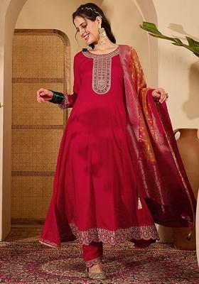 Red Yoke Design Blended Kurta Set