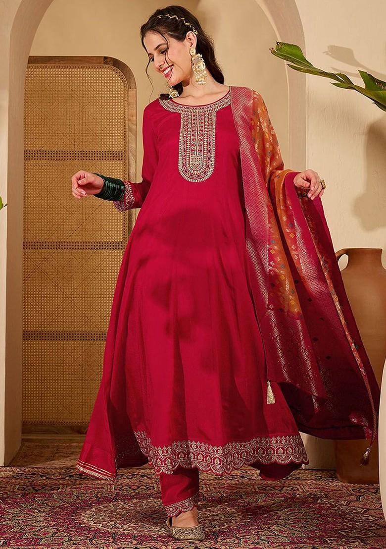 Red Yoke Design Blended Kurta Set - Indya