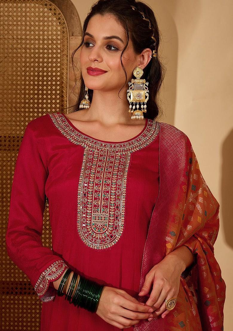 Red Yoke Design Blended Kurta Set - Indya