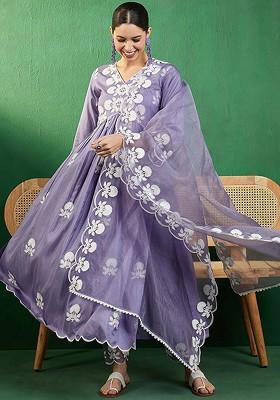 Lavender Embroidered Blended Kurta Set