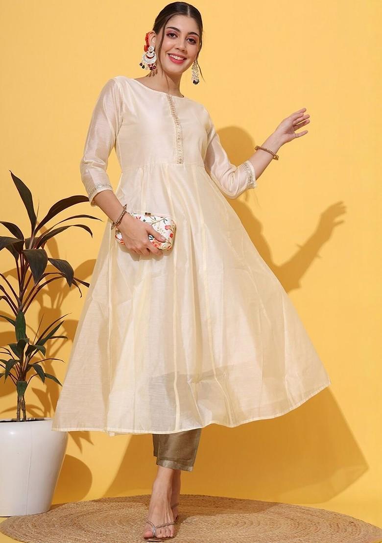 Cream Printed Blended Kurta Set - Indya