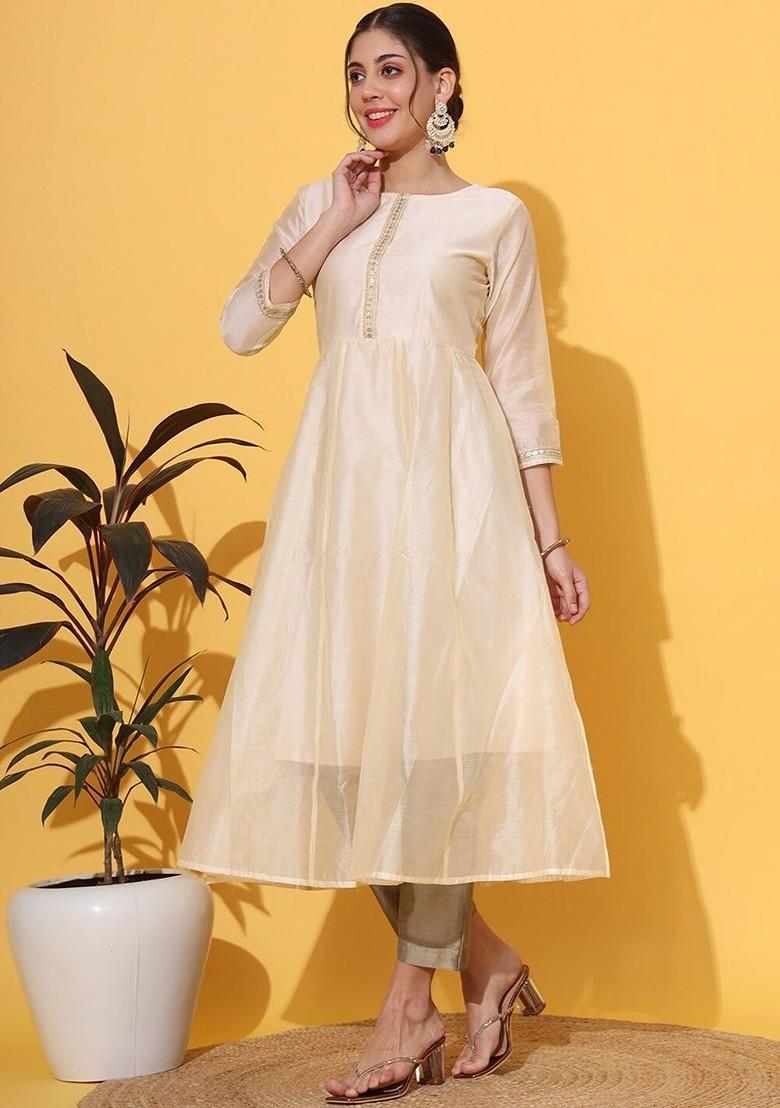 Cream Printed Blended Kurta Set - Indya