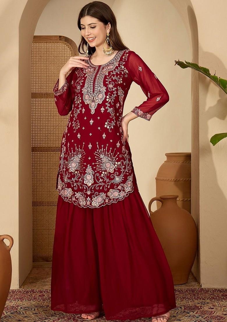 Maroon Embroidered Blended Kurta Set - Indya