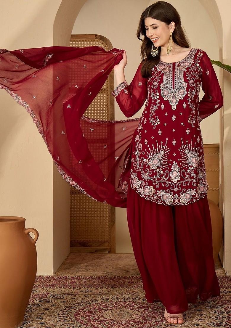 Maroon Embroidered Blended Kurta Set - Indya