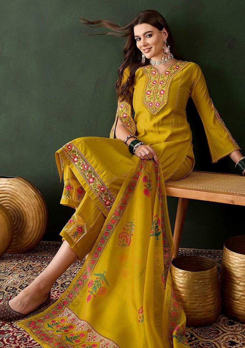 Yellow Embroidered Blended Kurta Set - Indya