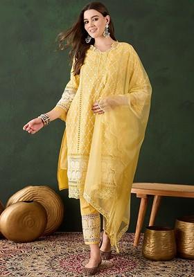 Yellow Embroidered Blended Kurta Set
