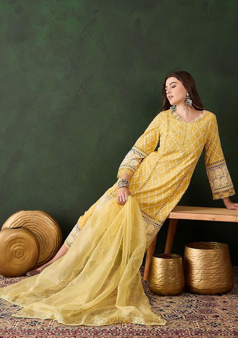 Yellow Embroidered Blended Kurta Set - Indya