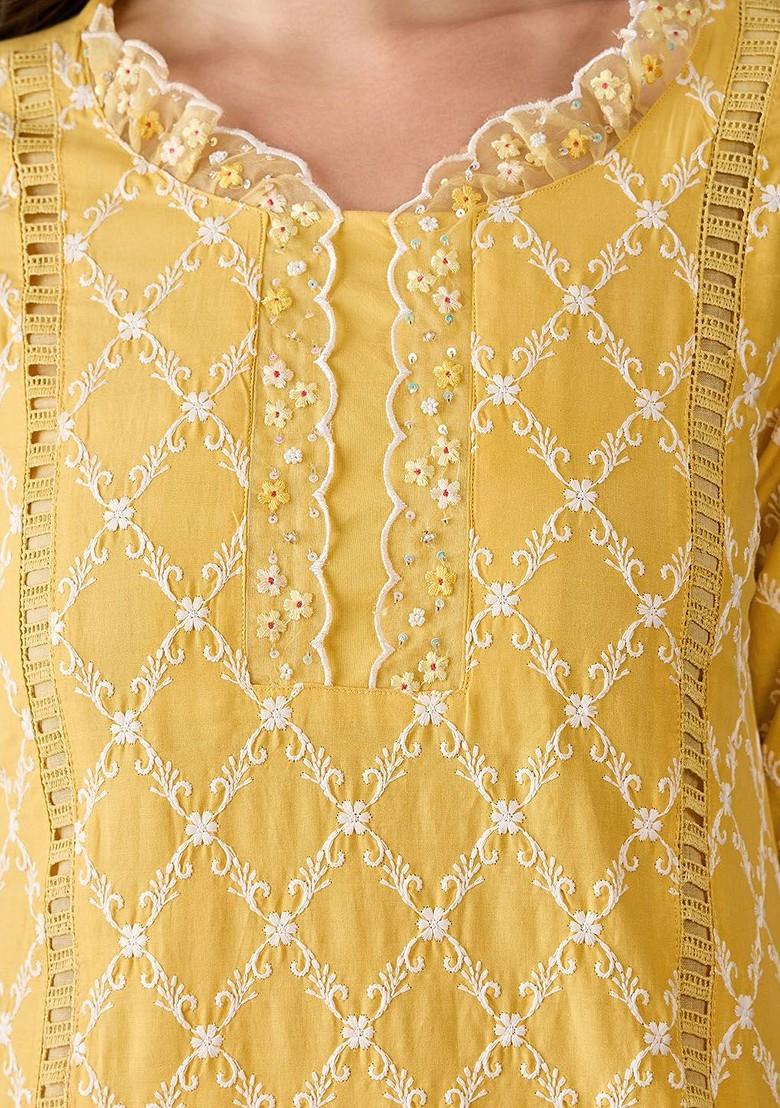 Yellow Embroidered Blended Kurta Set - Indya