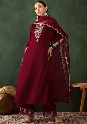 Maroon Embroidered Blended Kurta Set