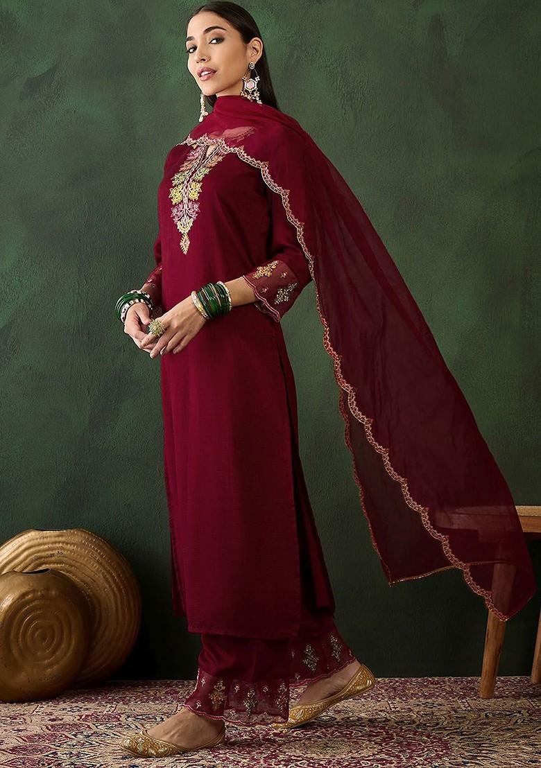 Maroon Embroidered Blended Kurta Set - Indya