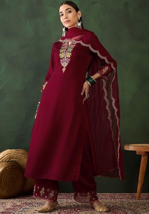 Maroon Embroidered Blended Kurta Set