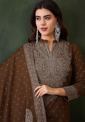 Brown Woven Design Blended Kurta Set
