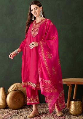Magenta Embroidered Blended Kurta Set