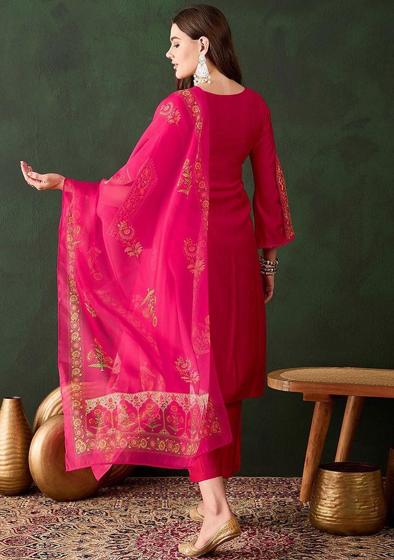 Magenta Embroidered Blended Kurta Set - Indya