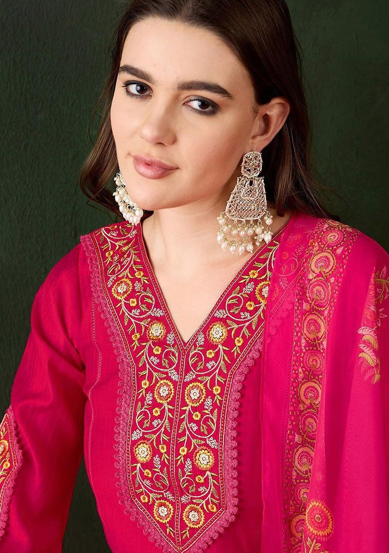 Magenta Embroidered Blended Kurta Set - Indya