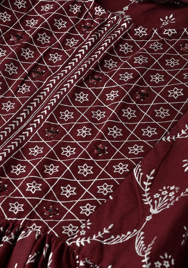 Maroon Printed Blended Kurta Set - Indya