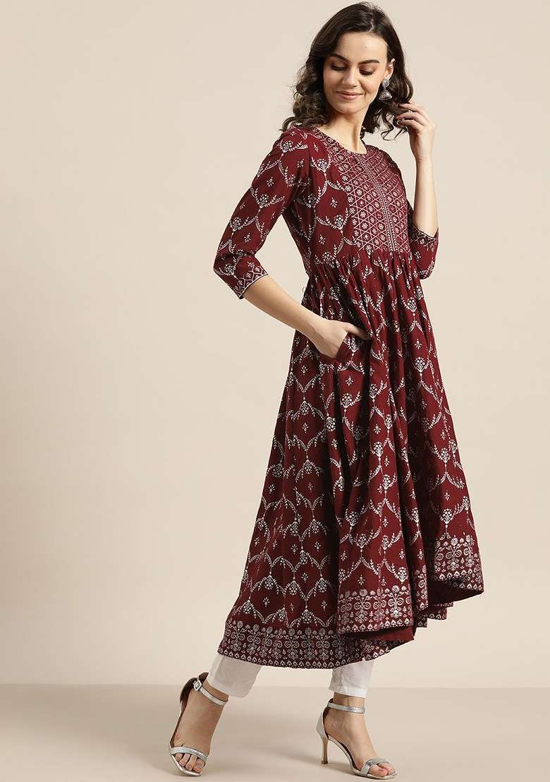 Maroon Printed Blended Kurta Set - Indya