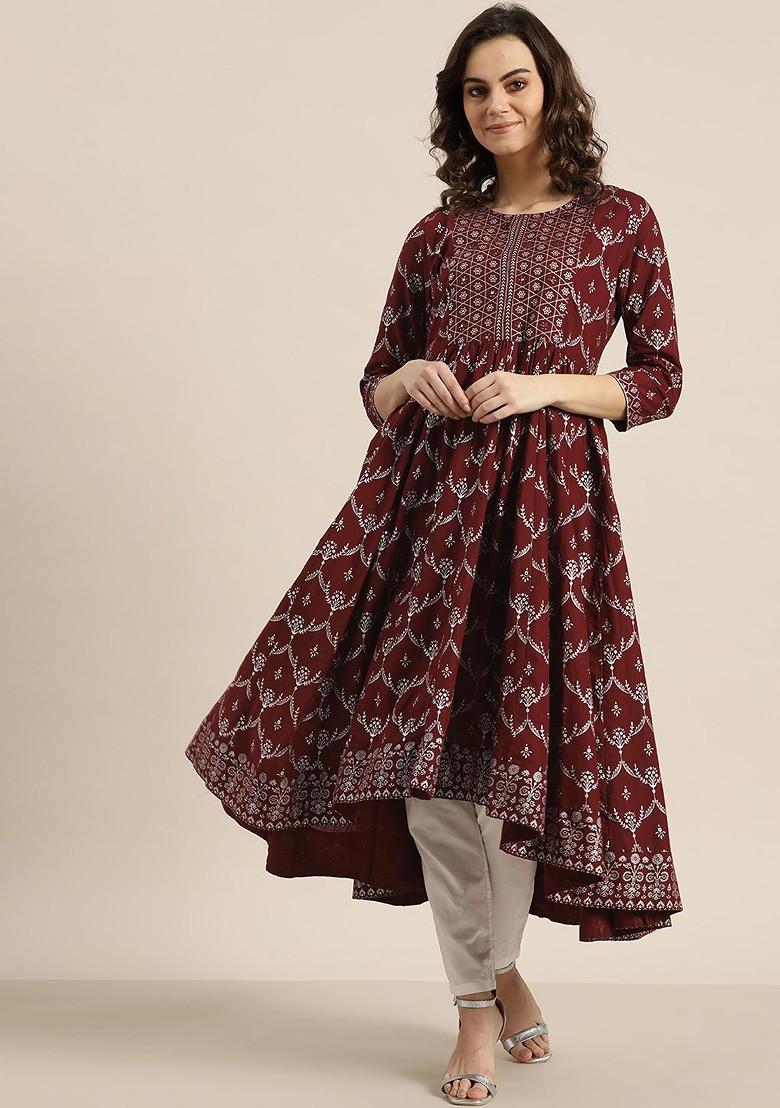 Maroon Printed Blended Kurta Set - Indya
