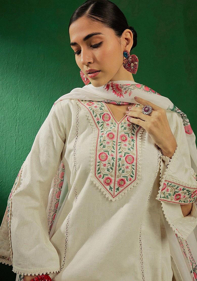 Off White Embroidered Blended Kurta Set - Indya