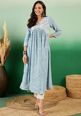 Blue Embroidered Blended Kurta Set