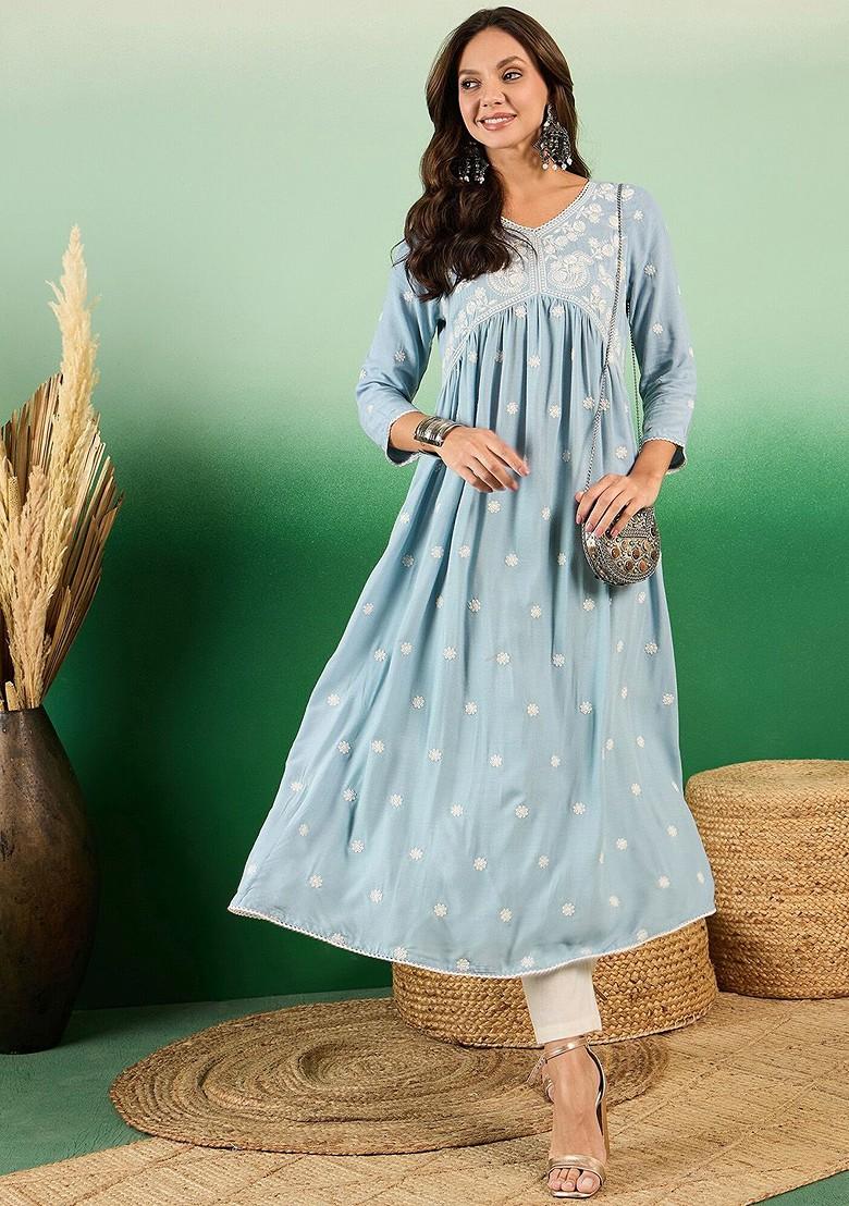 Blue Embroidered Blended Kurta Set - Indya