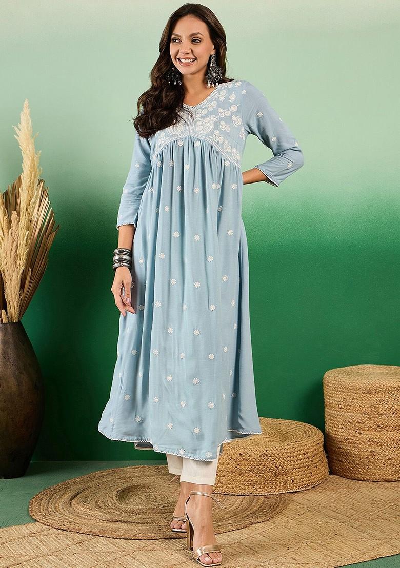 Blue Embroidered Blended Kurta Set - Indya