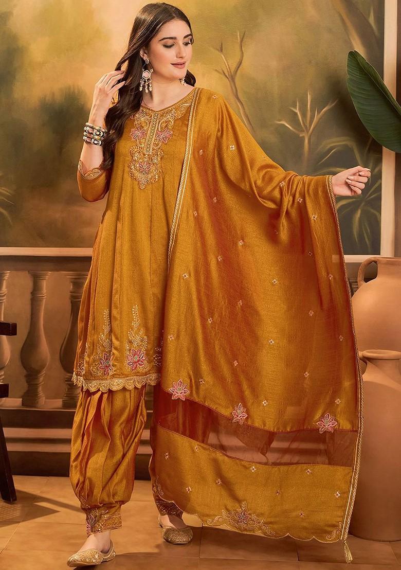 Mustard Embroidered Blended Kurta Set - Indya