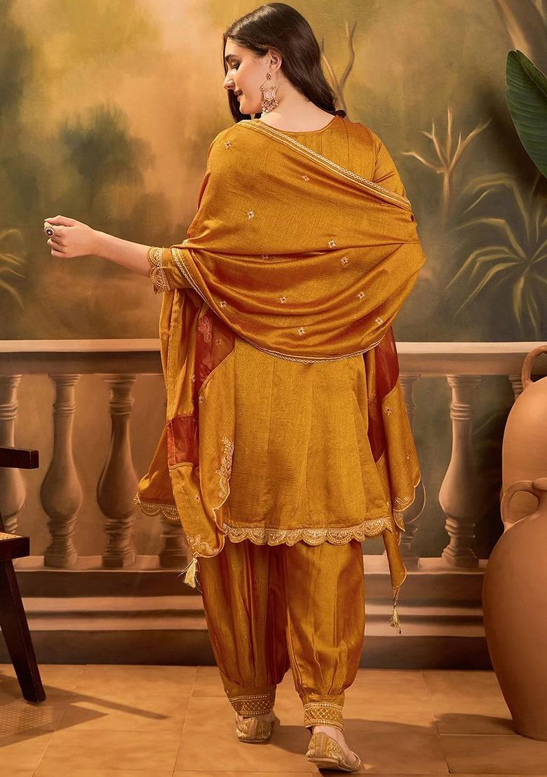 Mustard Embroidered Blended Kurta Set - Indya