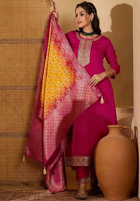 Pink Embroidered Blended Kurta Set