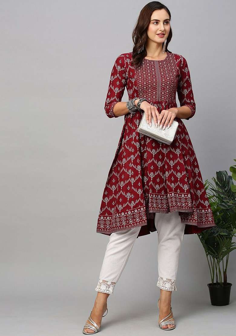 Maroon Printed Blended Kurta Set - Indya