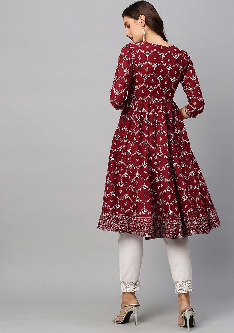Maroon Printed Blended Kurta Set - Indya