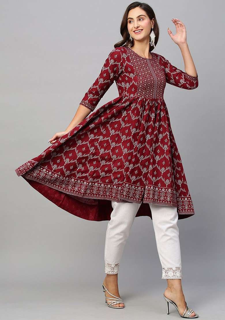 Maroon Printed Blended Kurta Set - Indya