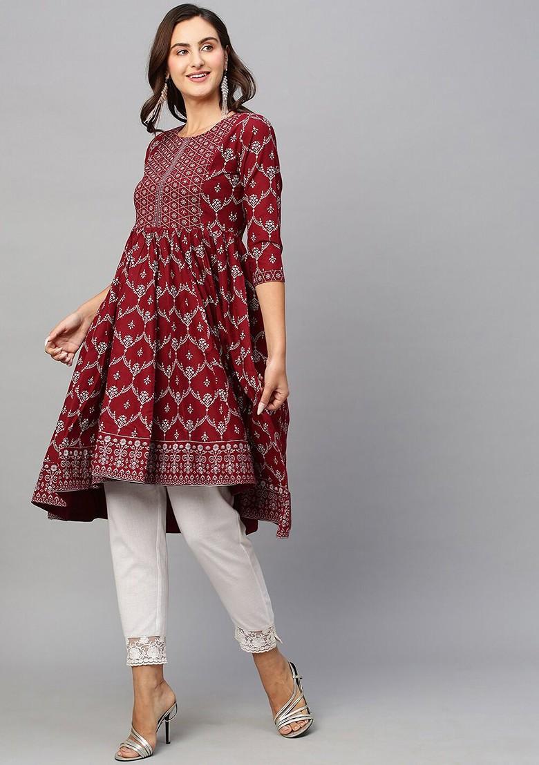Maroon Printed Blended Kurta Set - Indya