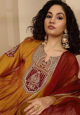 Orange Embroidered Blended Kurta Set