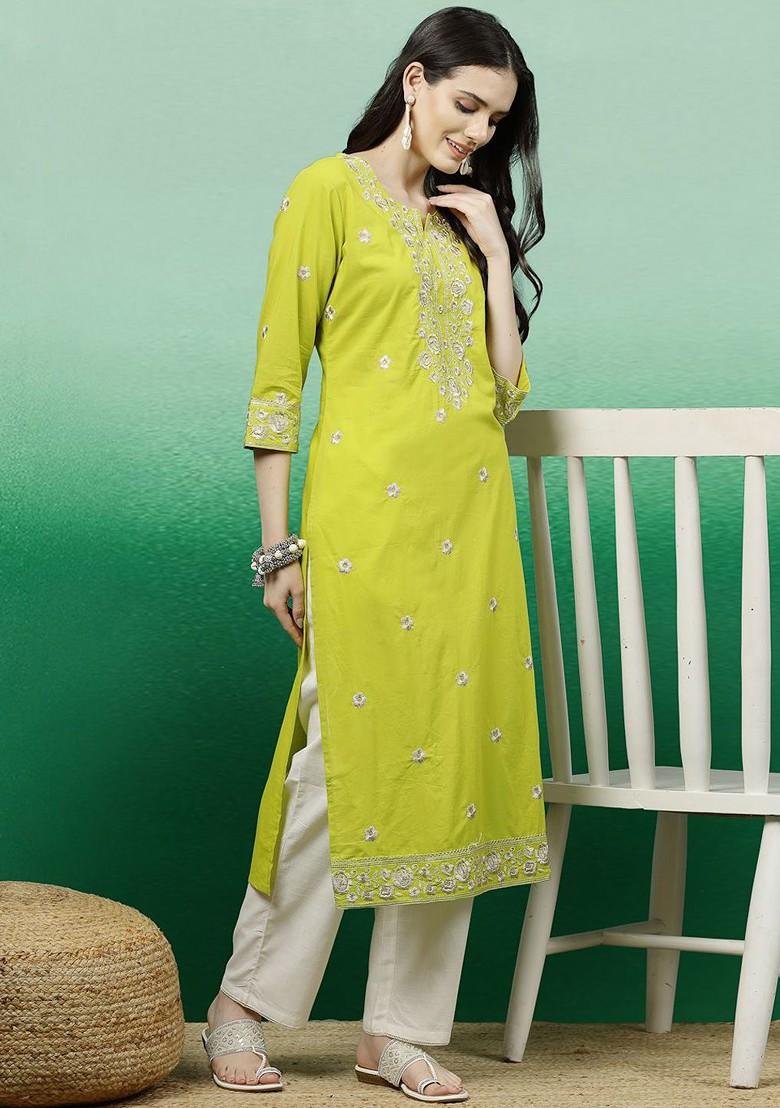 Lime Green Embroidered Blended Kurta Set - Indya