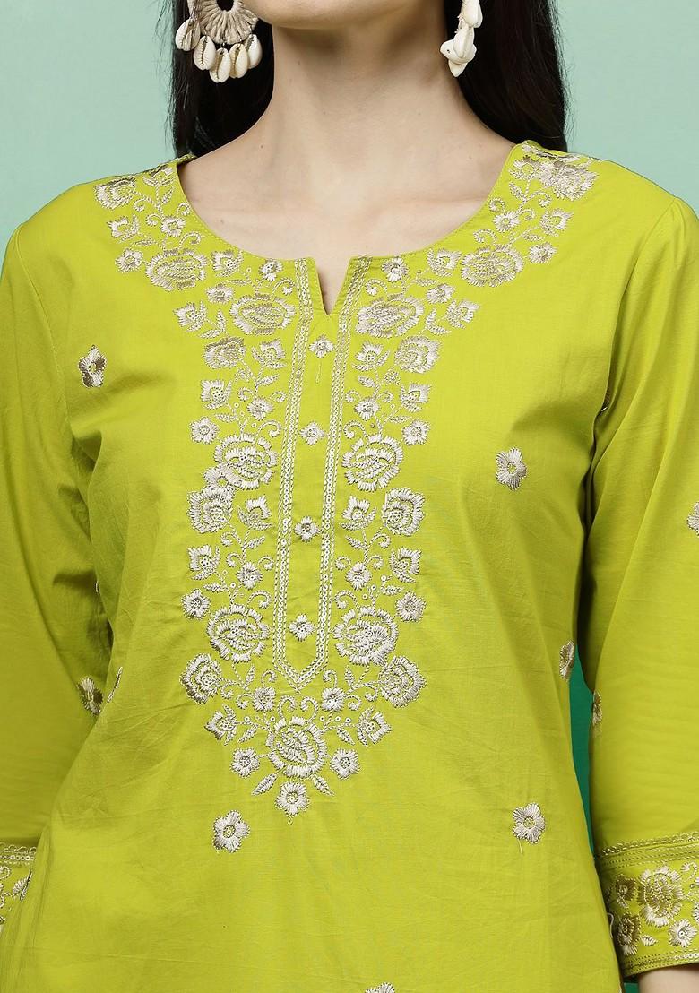Lime Green Embroidered Blended Kurta Set - Indya