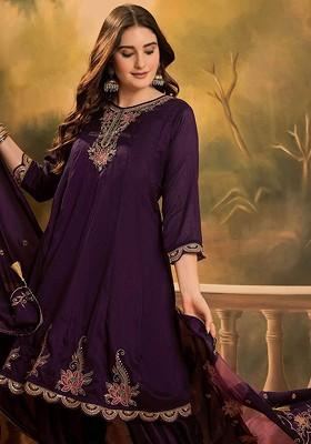 Purple Embroidered Blended Kurta Set