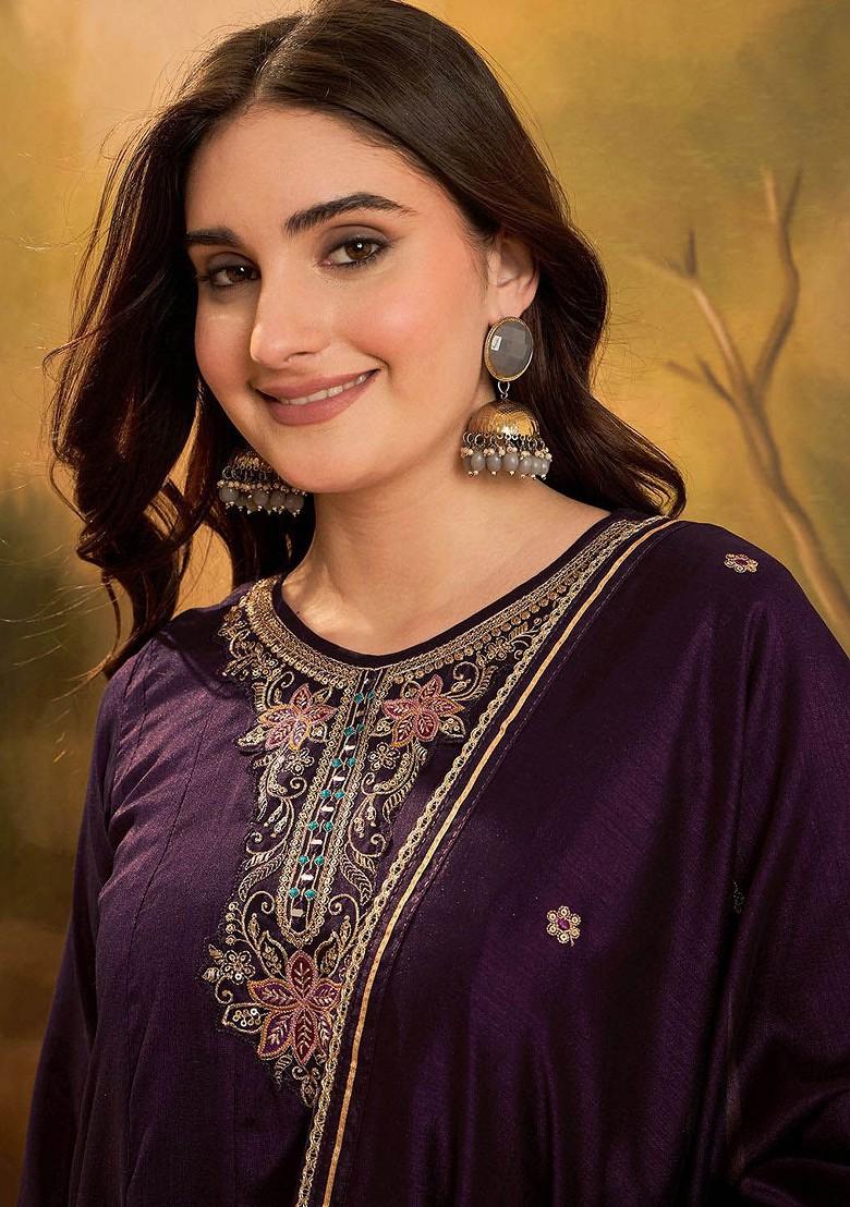 Purple Embroidered Blended Kurta Set - Indya