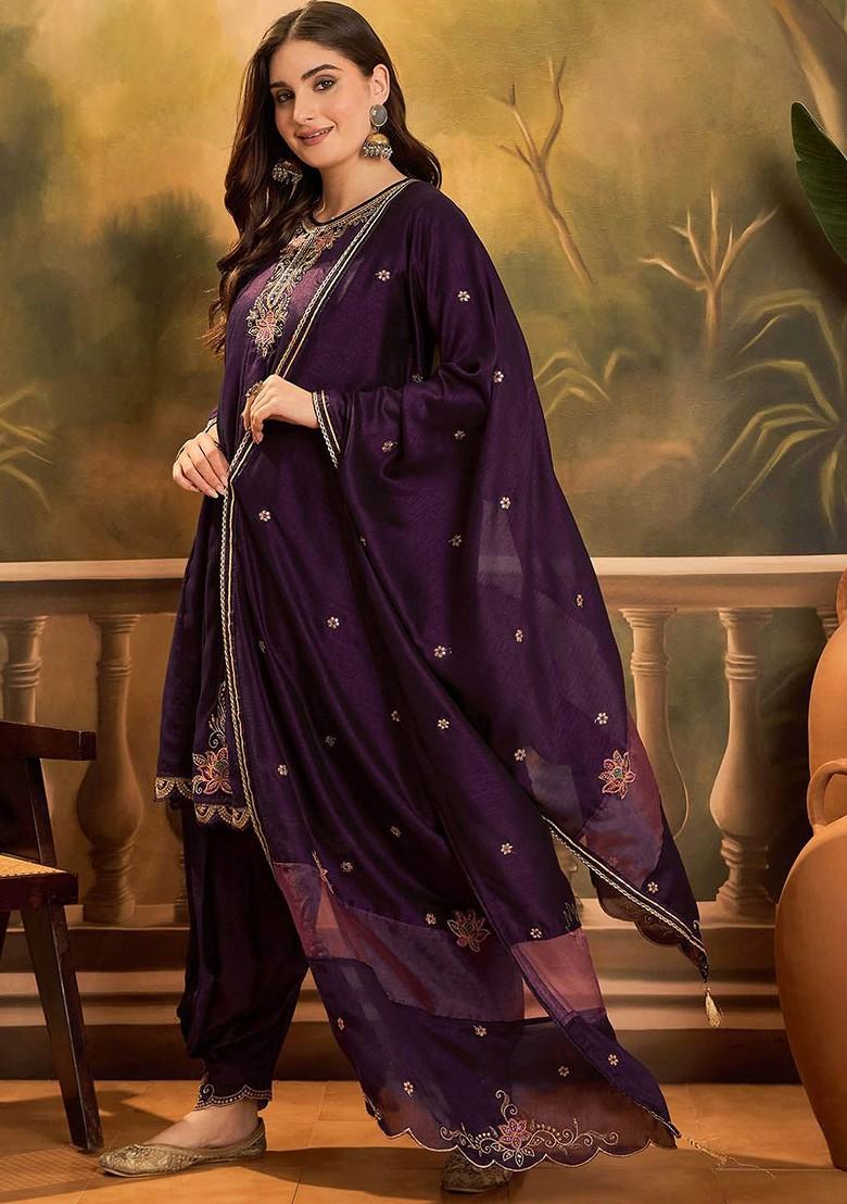 Purple Embroidered Blended Kurta Set - Indya