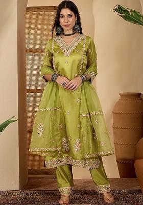 Lime Green Embroidered Blended Kurta Set