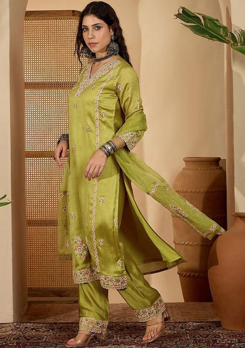 Lime Green Embroidered Blended Kurta Set - Indya