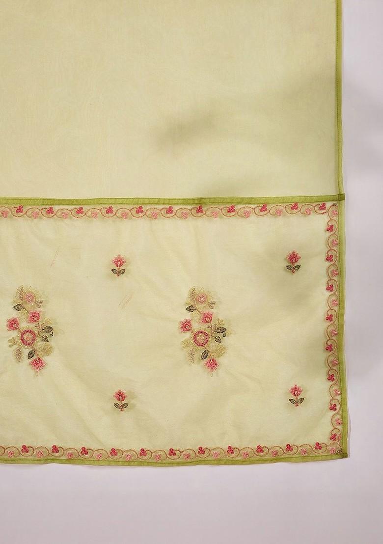 Lime Green Embroidered Blended Kurta Set - Indya