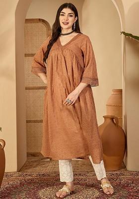 Coffee Brown Embroidered Blended Kurta Set