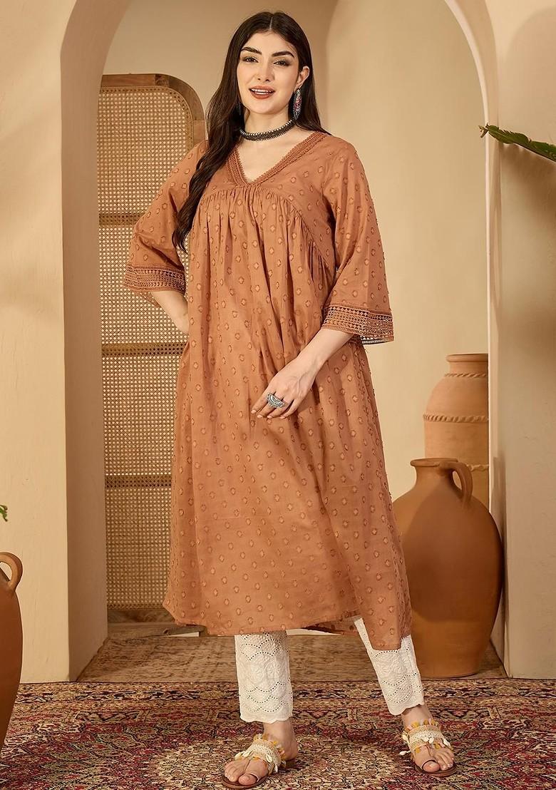 Coffee Brown Embroidered Blended Kurta Set - Indya
