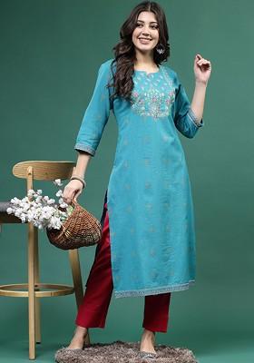 Turquoise Blue Embroidered Blended Kurta Set