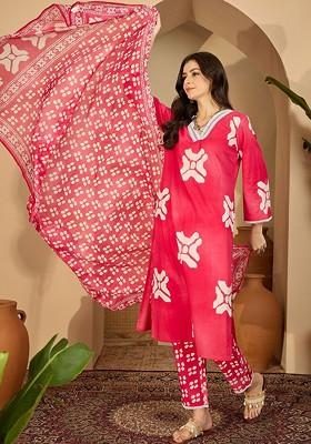 Red Printed Blended Kurta Set