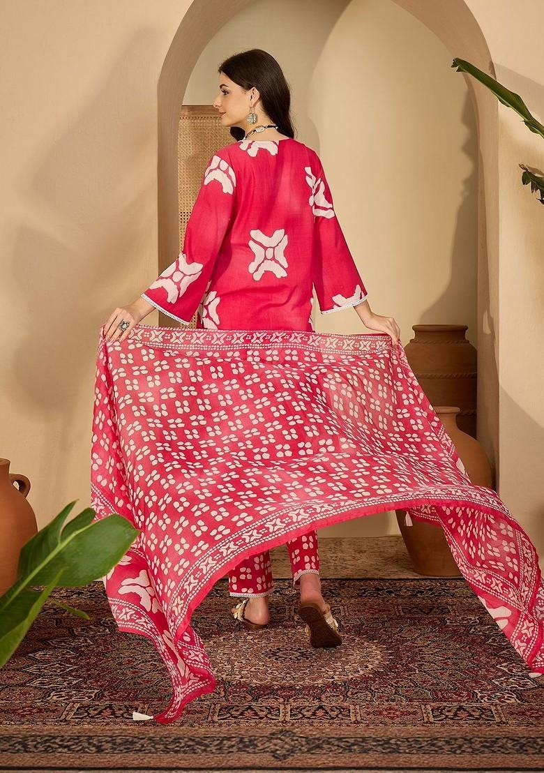 Red Printed Blended Kurta Set - Indya