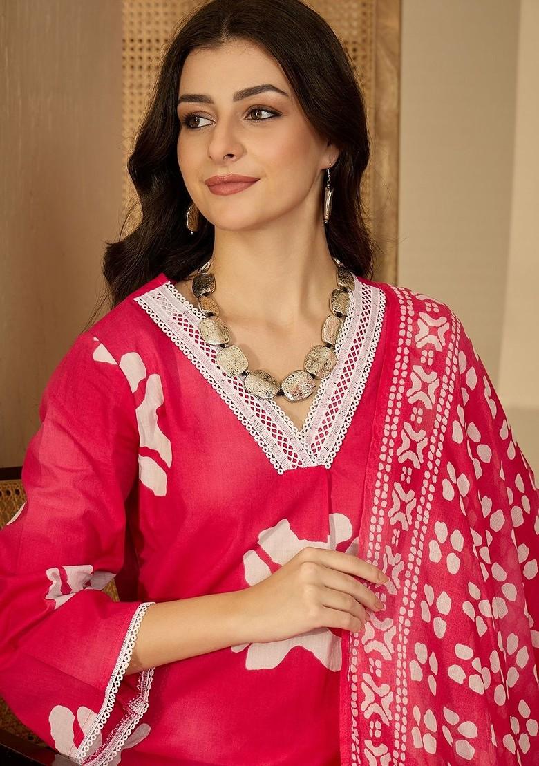 Red Printed Blended Kurta Set - Indya